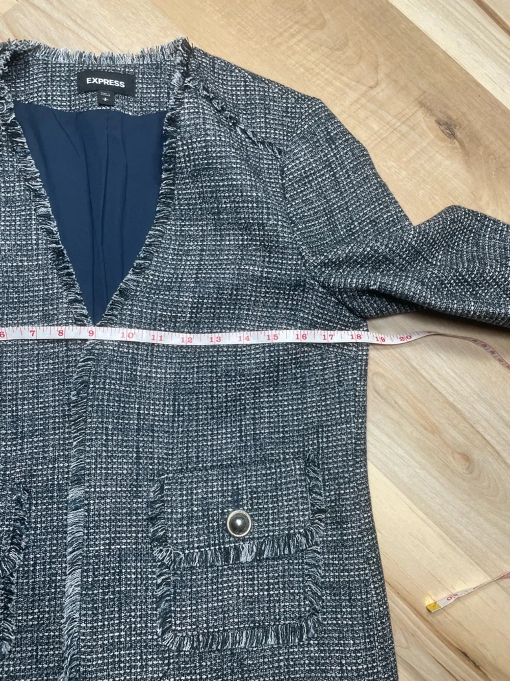 Express Tweed Jacket Small Fringe Trim Blue‎ Black Career Chic Blazer